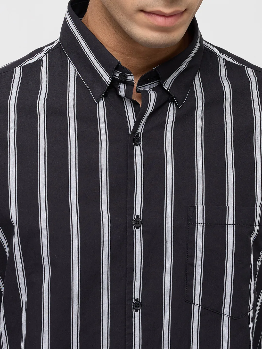 Men Shirt Stripe Black Regular Fit - Image 6