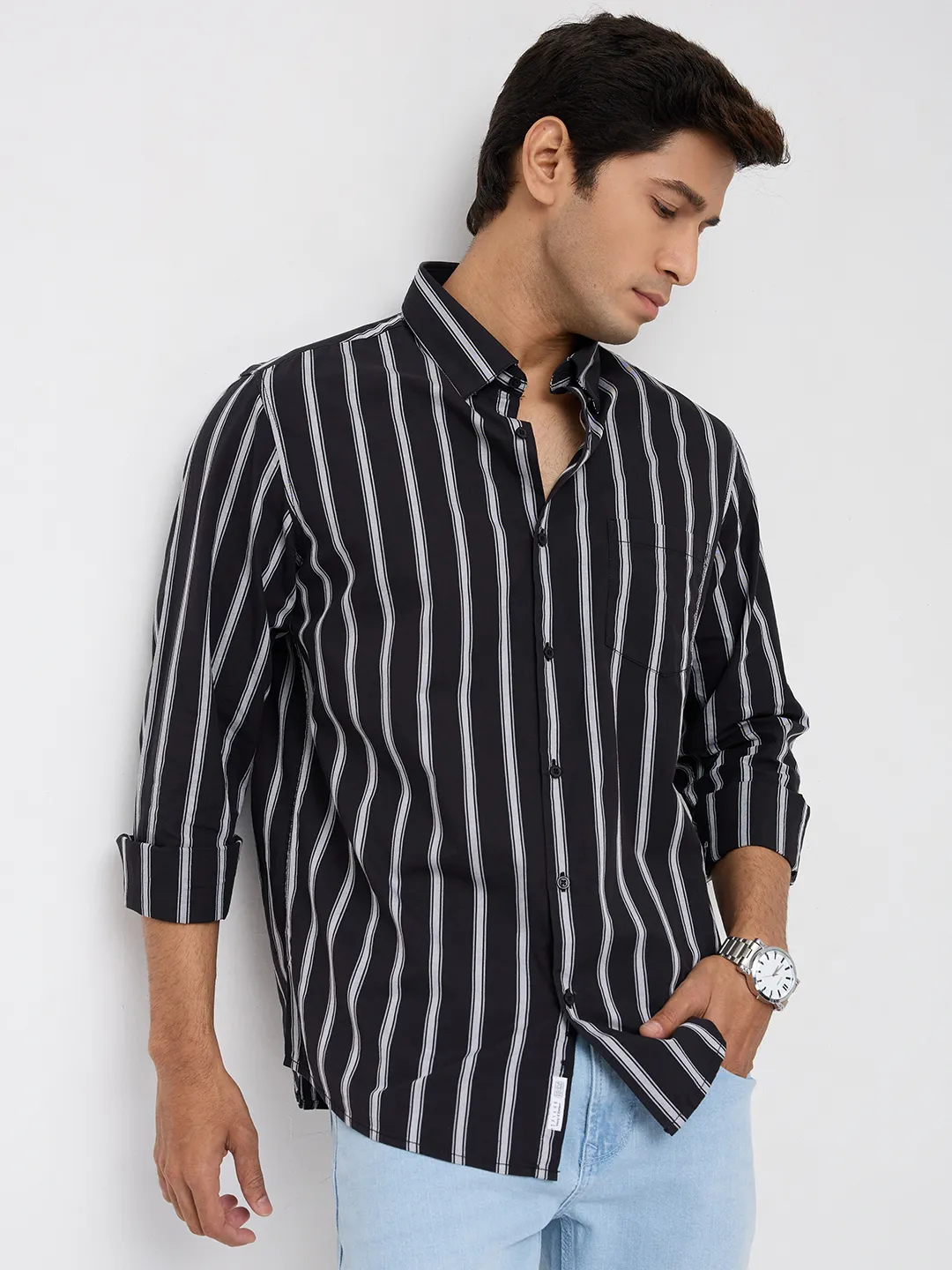 Men Shirt Stripe Black Regular Fit - Image 7