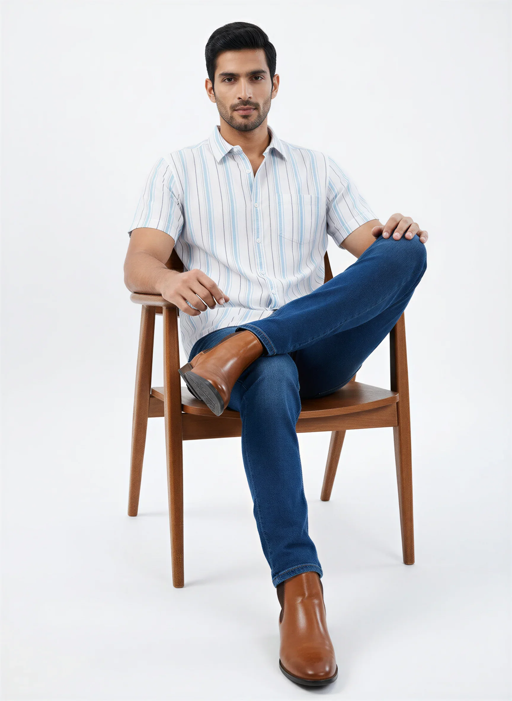 Men Shirt Stripe Blue Regular Fit - Image 2