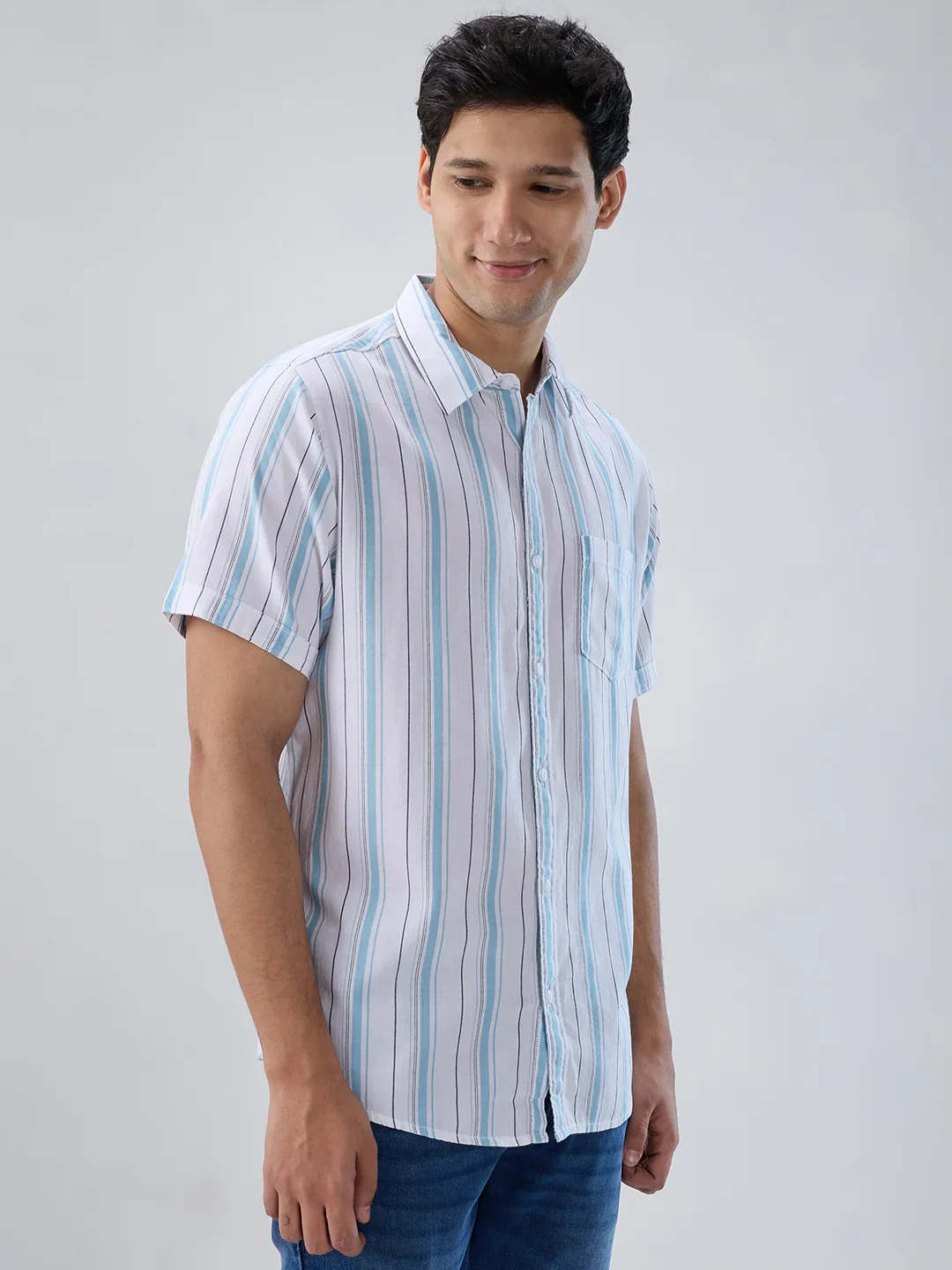 Men Shirt Stripe Blue Regular Fit - Image 3