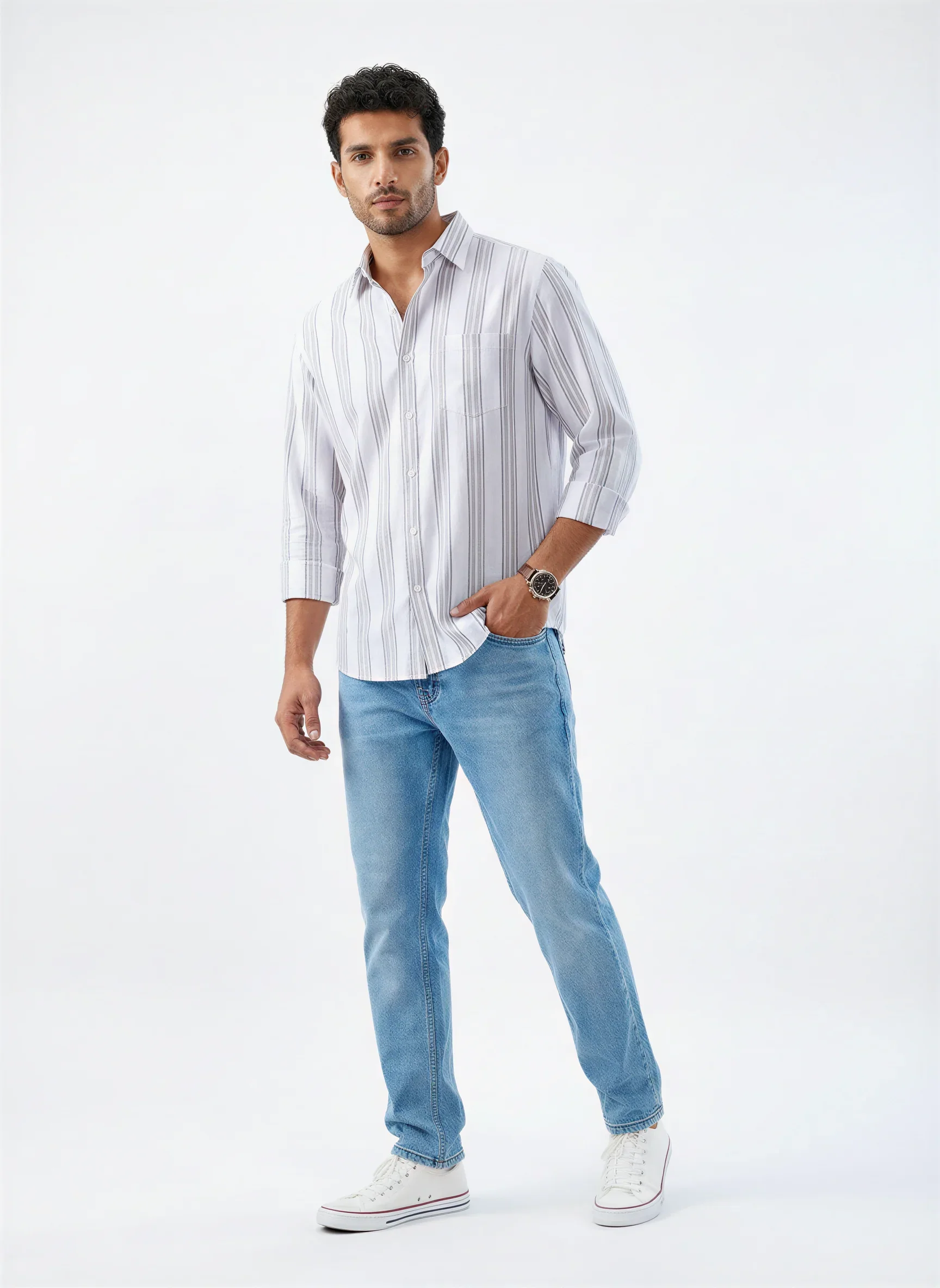 Men Shirt Stripe Grey Regular Fit - Image 2
