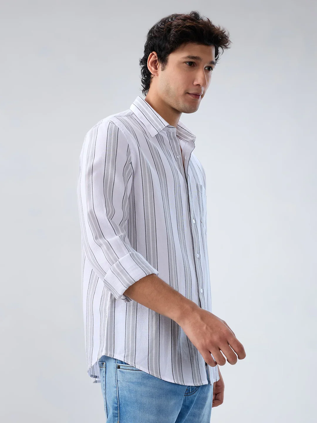 Men Shirt Stripe Grey Regular Fit - Image 3