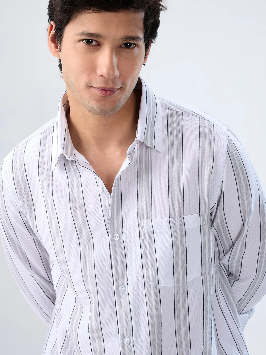 Men Shirt Stripe Grey Regular Fit - Image 4