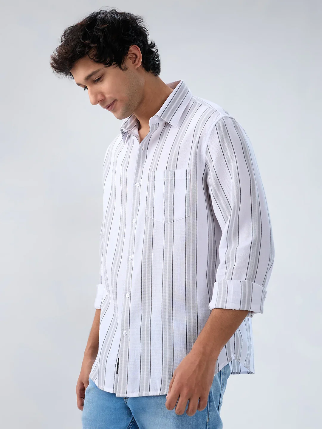 Men Shirt Stripe Grey Regular Fit - Image 5
