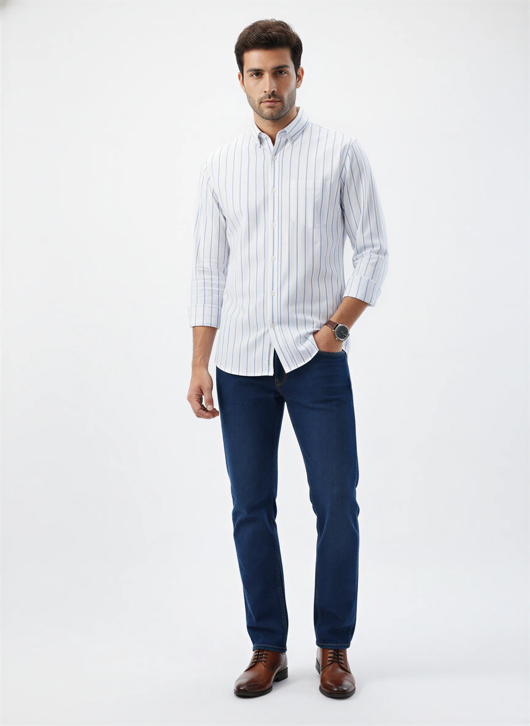 Men Shirt Stripe White Regular Fit - Image 2
