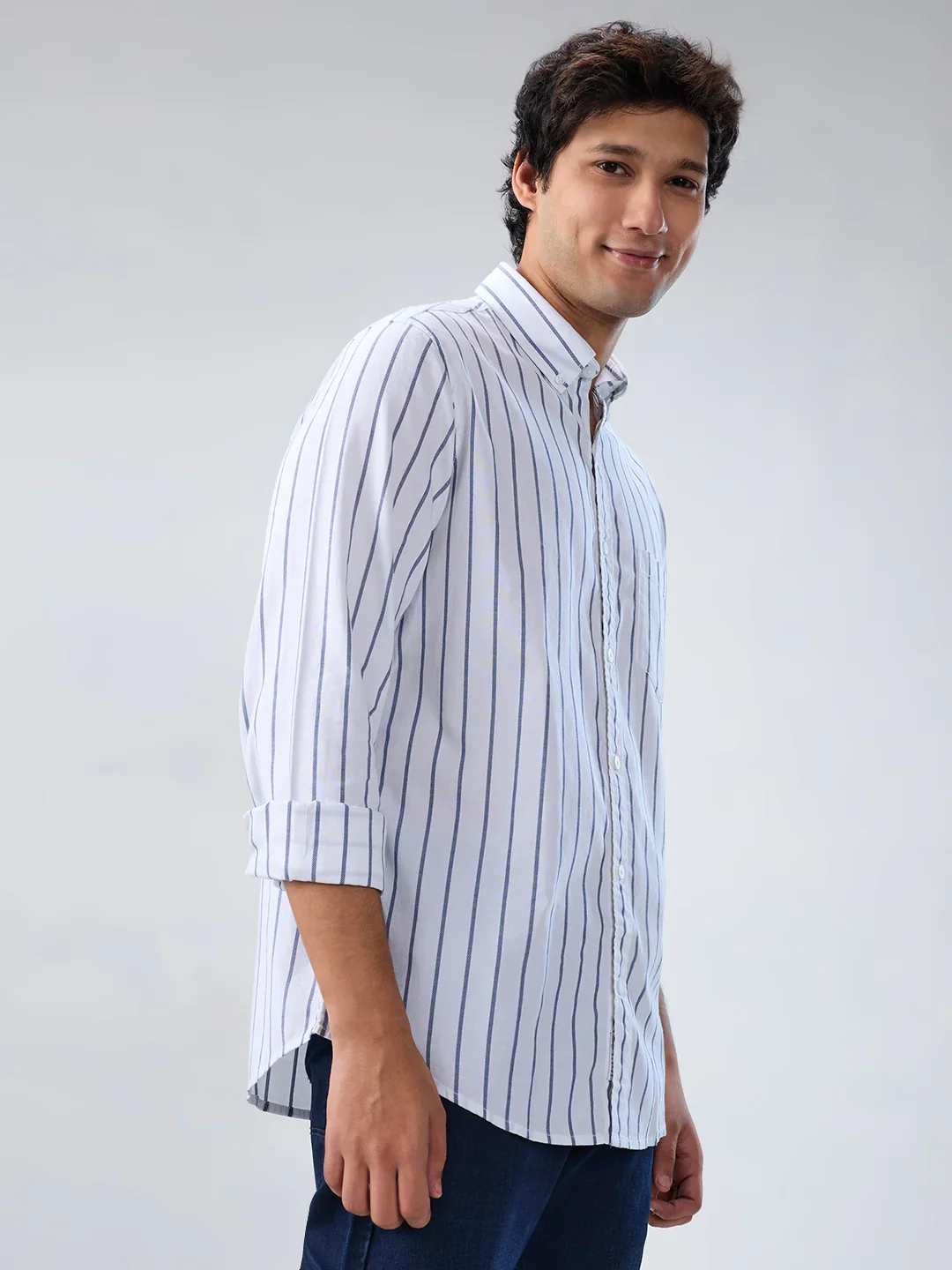 Men Shirt Stripe White Regular Fit - Image 3