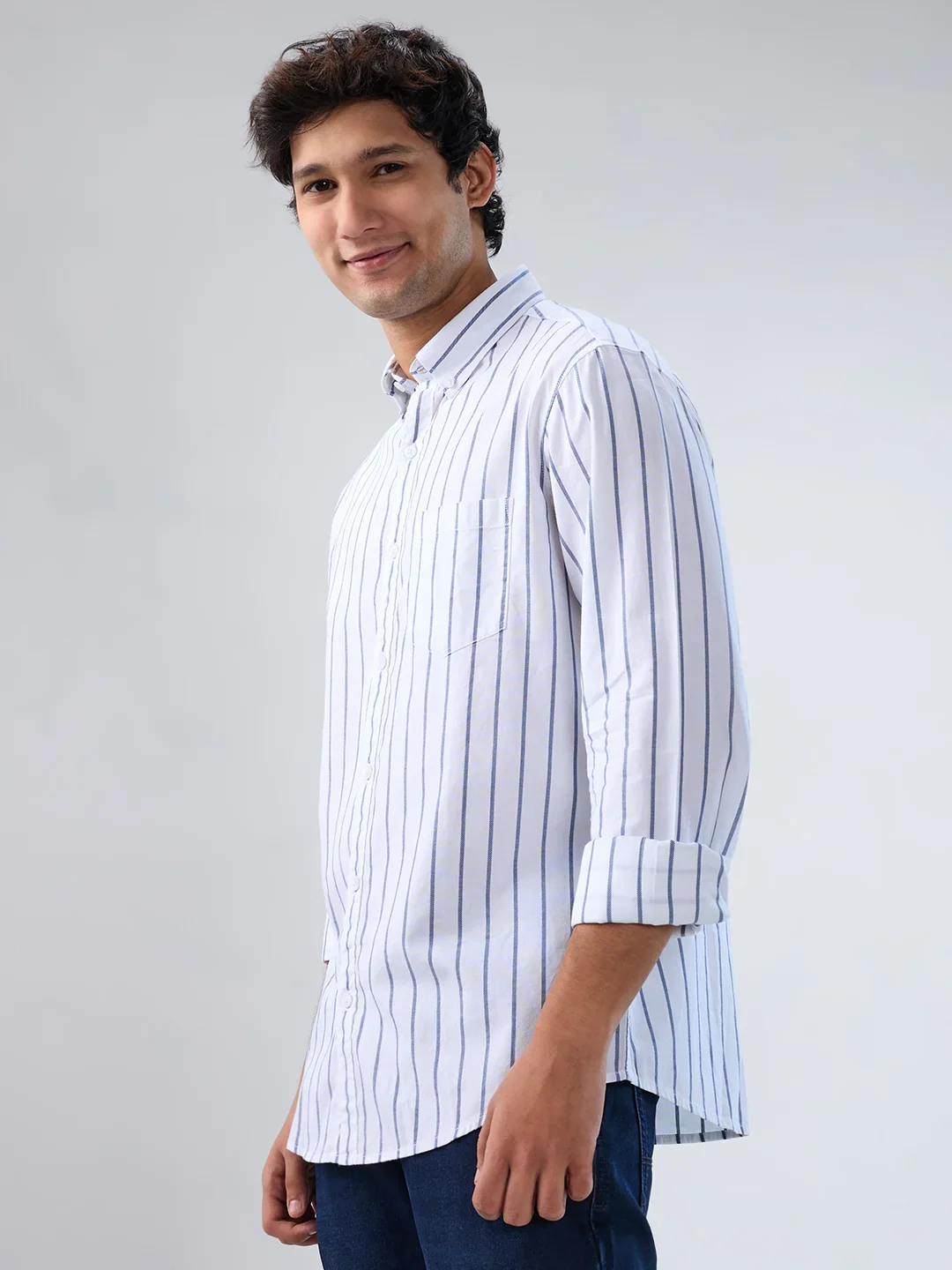 Men Shirt Stripe White Regular Fit - Image 4