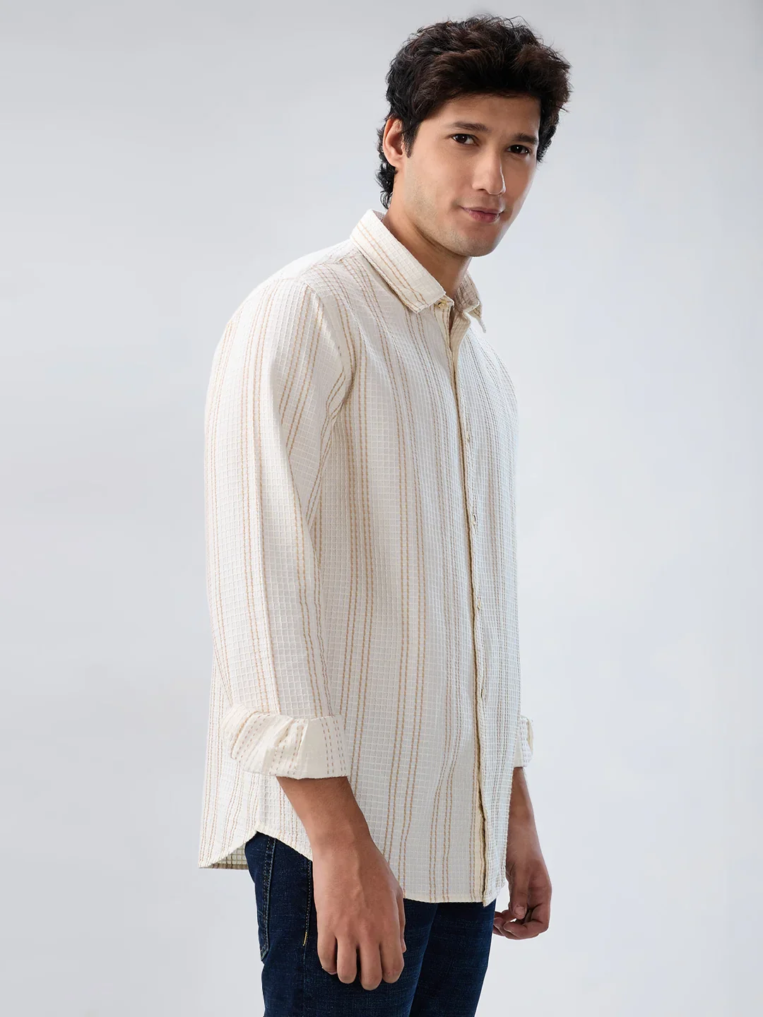 Men Shirt Stripe Off White Regular Fit - Image 3