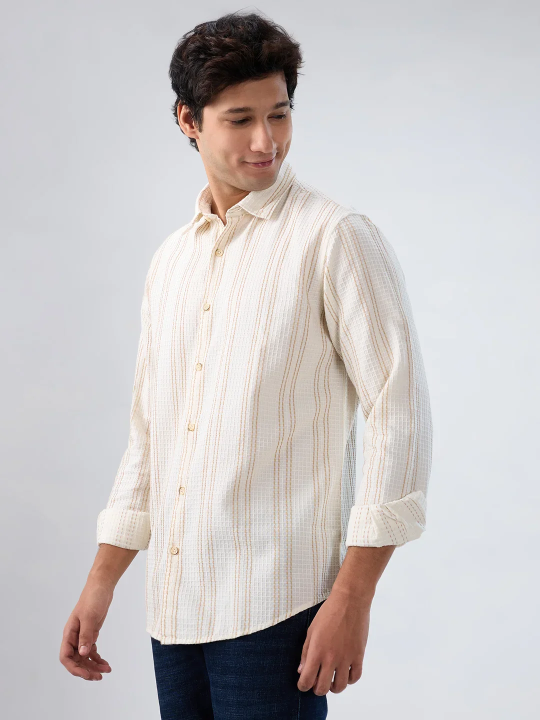 Men Shirt Stripe Off White Regular Fit - Image 4