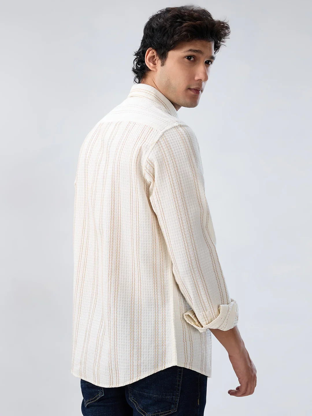 Men Shirt Stripe Off White Regular Fit - Image 5