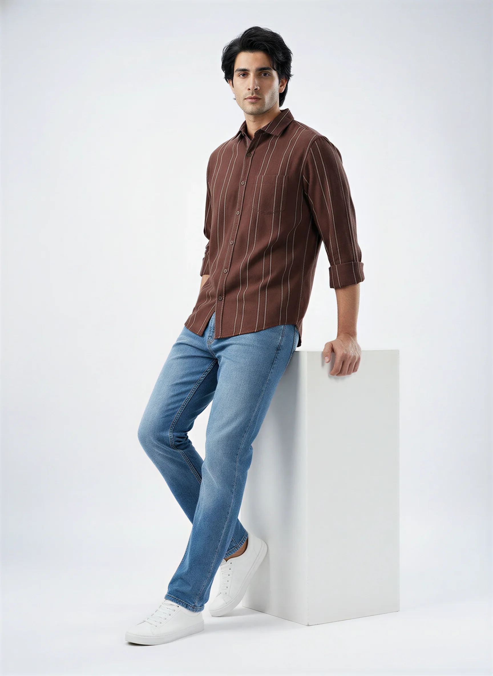 Men Shirt Stripe Brown Regular Fit - Image 2