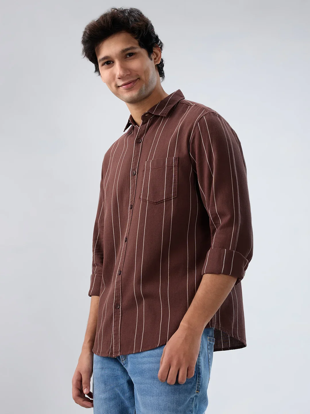 Men Shirt Stripe Brown Regular Fit - Image 3
