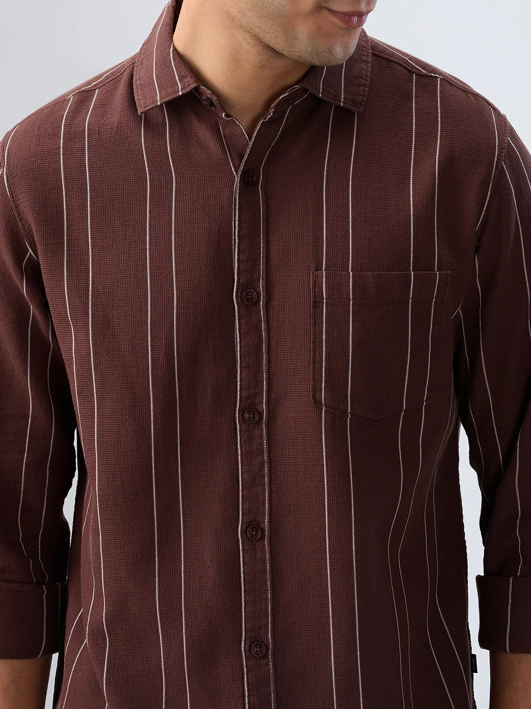 Men Shirt Stripe Brown Regular Fit - Image 4