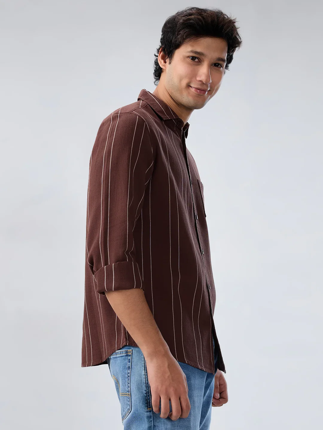 Men Shirt Stripe Brown Regular Fit - Image 5