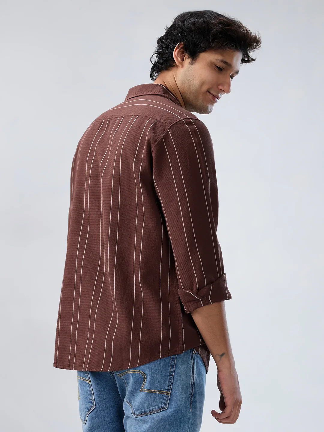 Men Shirt Stripe Brown Regular Fit - Image 6