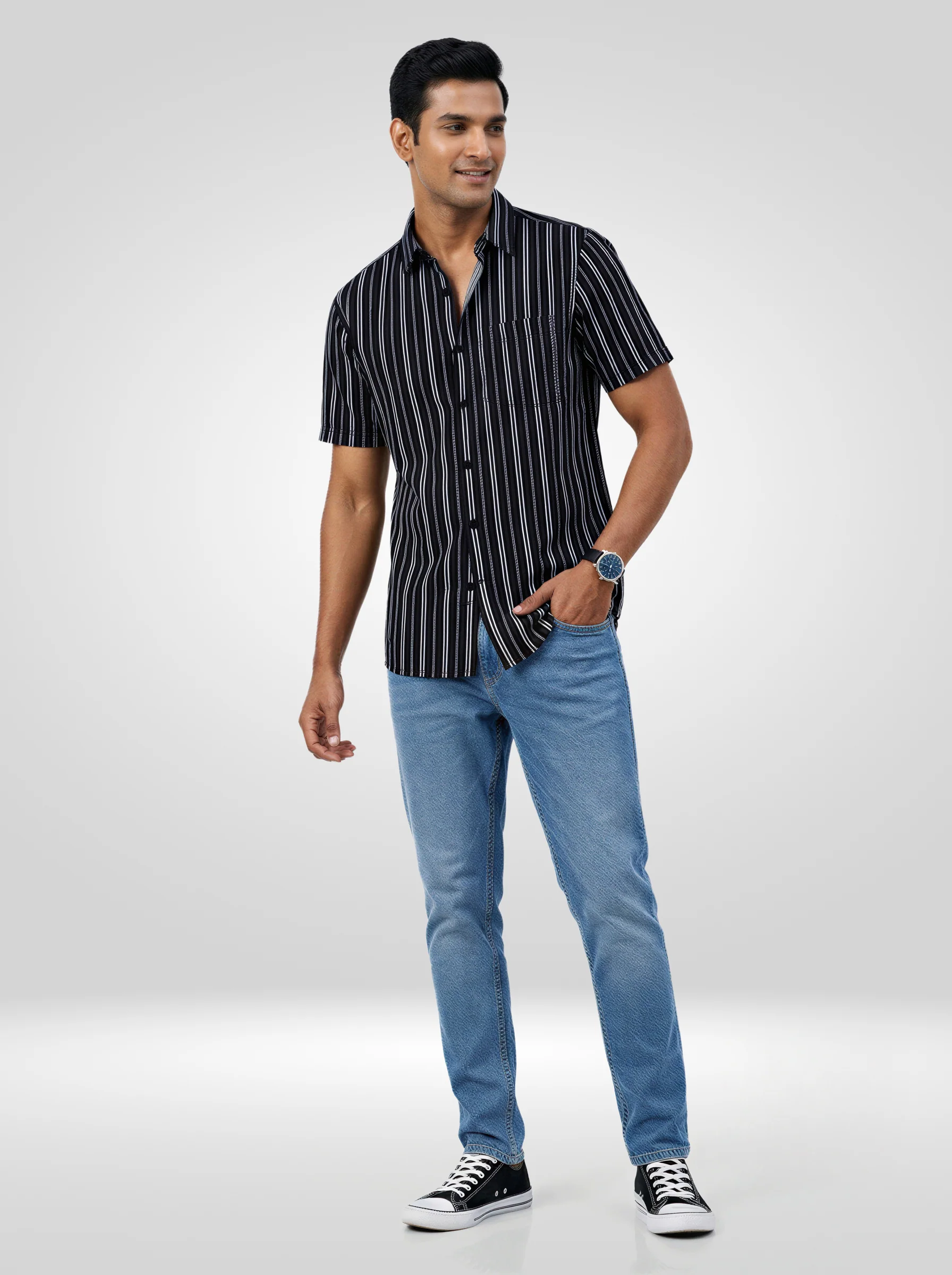 Men Shirt Stripe Black Regular Fit - Image 2