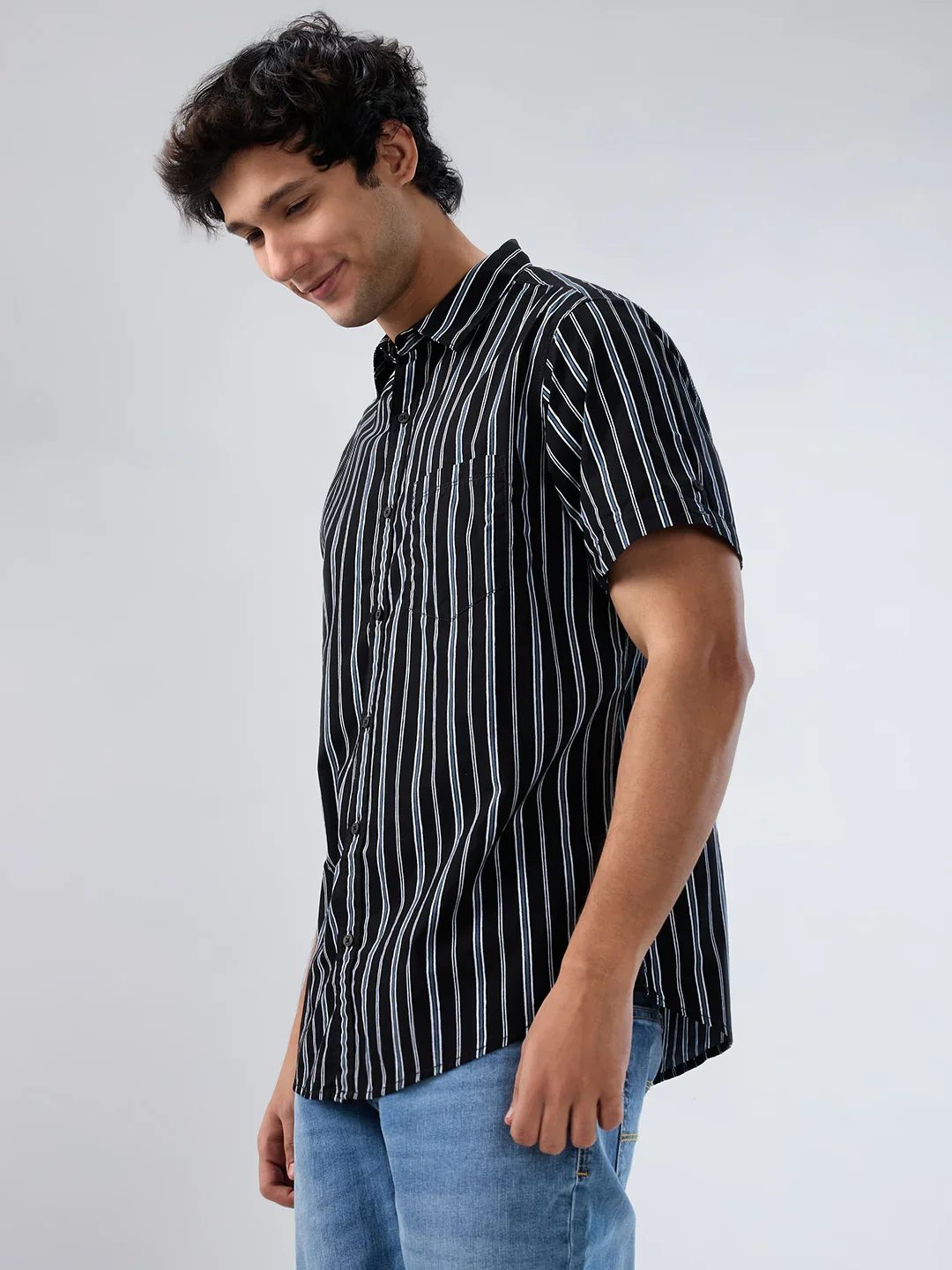 Men Shirt Stripe Black Regular Fit - Image 3