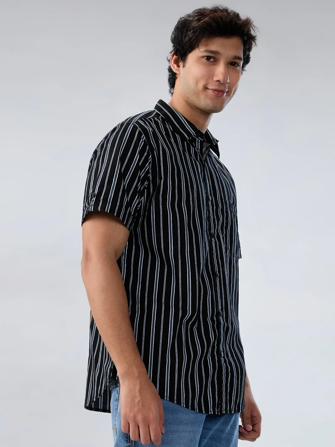 Men Shirt Stripe Black Regular Fit - Image 4