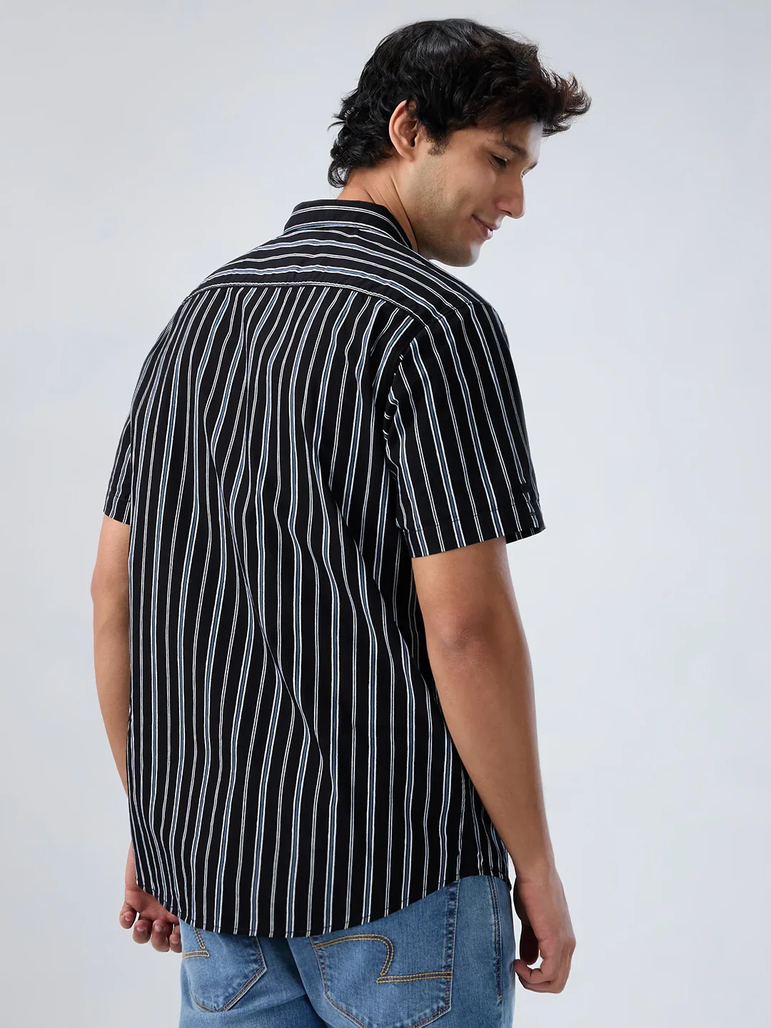 Men Shirt Stripe Black Regular Fit - Image 5