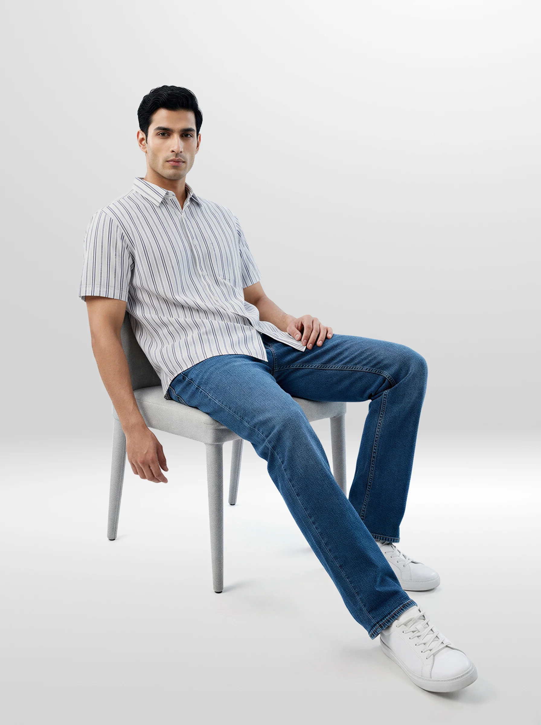 Men Shirt Stripe White Regular Fit - Image 2
