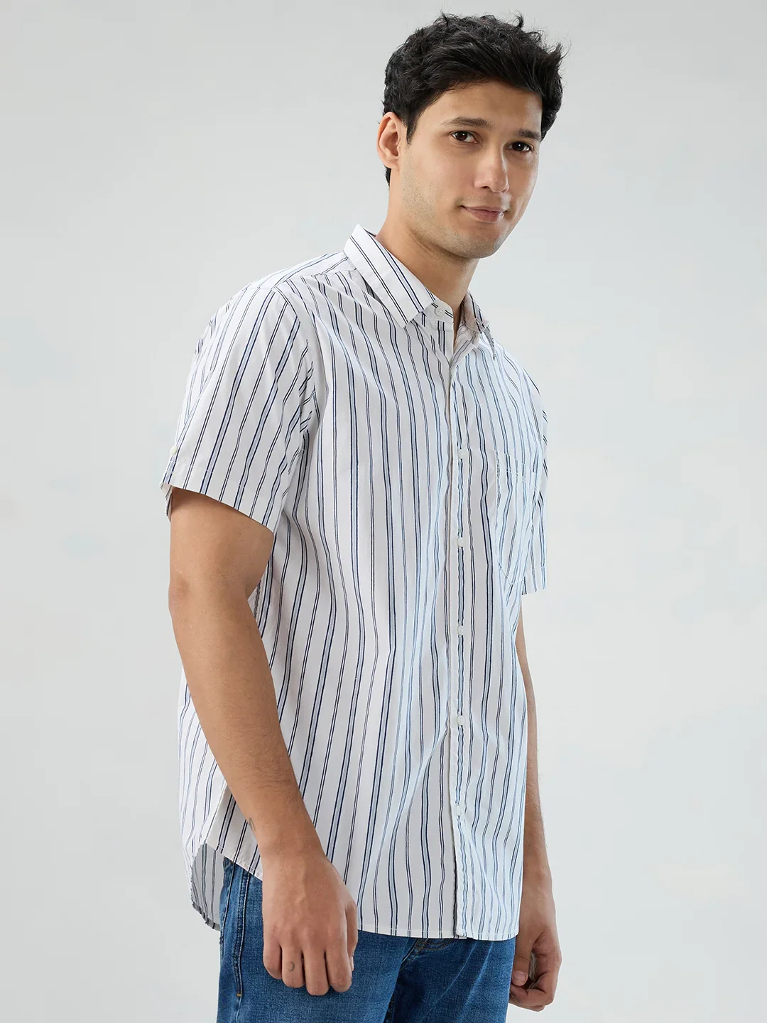 Men Shirt Stripe White Regular Fit - Image 3