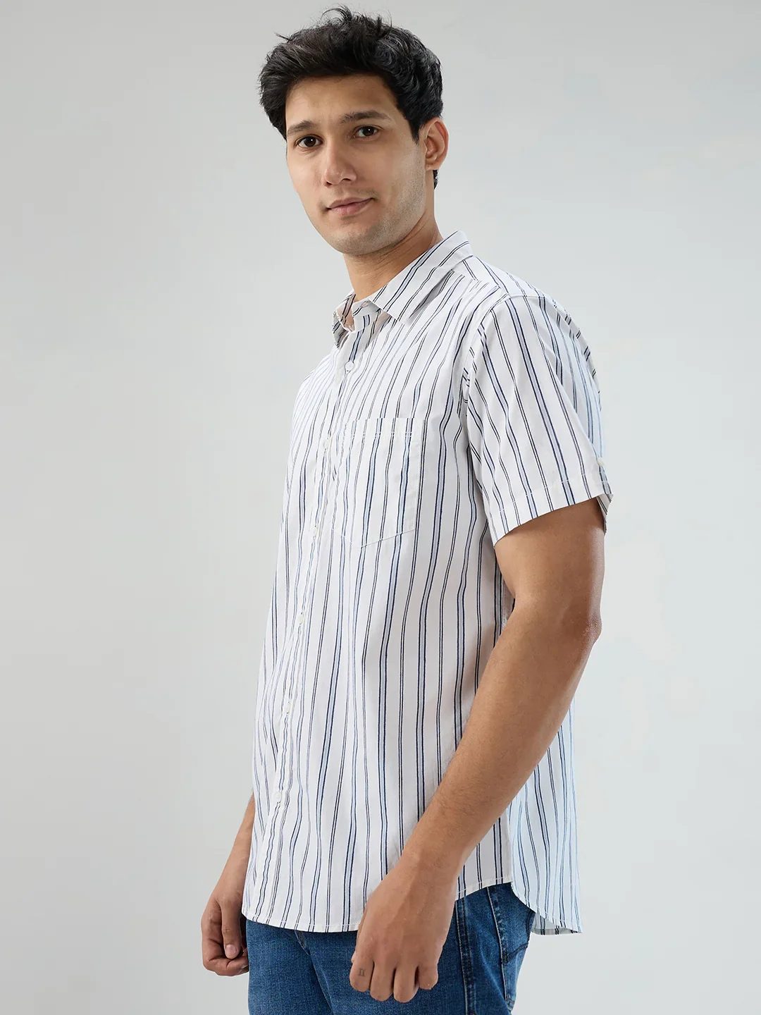 Men Shirt Stripe White Regular Fit - Image 4