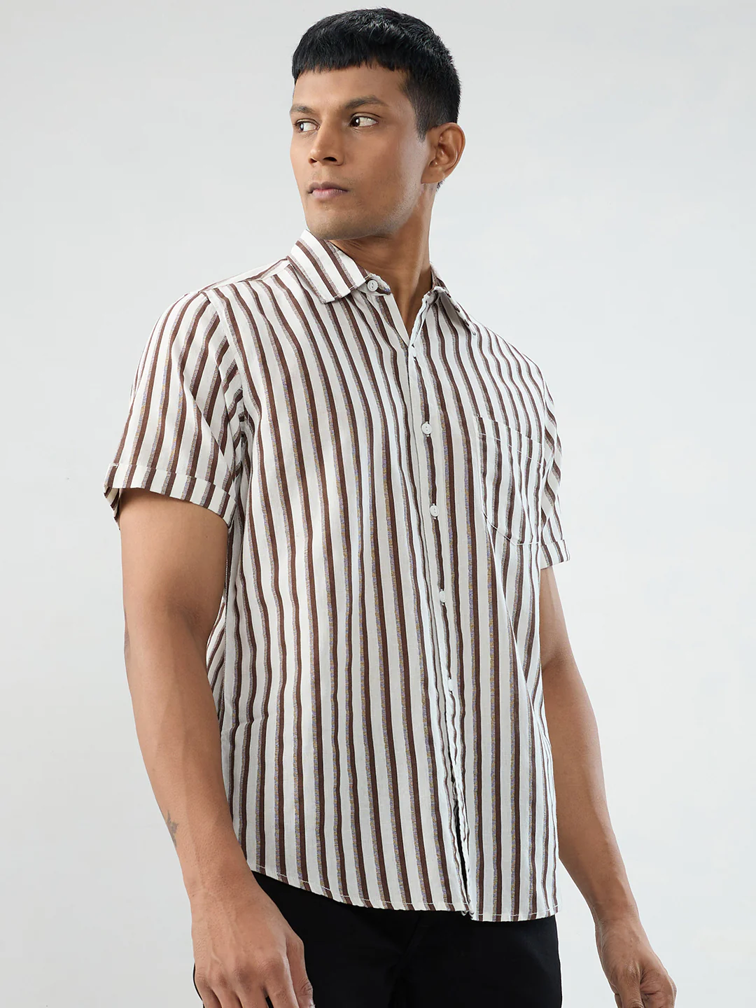 Men Shirt Stripe Brown Regular Fit - Image 3