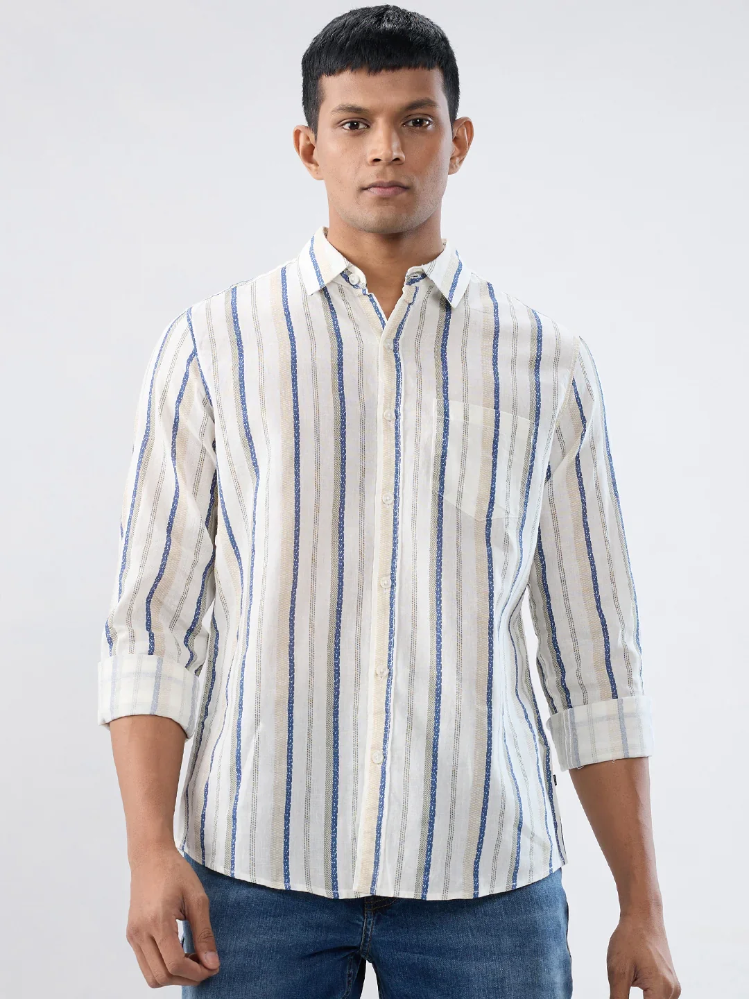 Men Shirt Stripe Off White Regular Fit