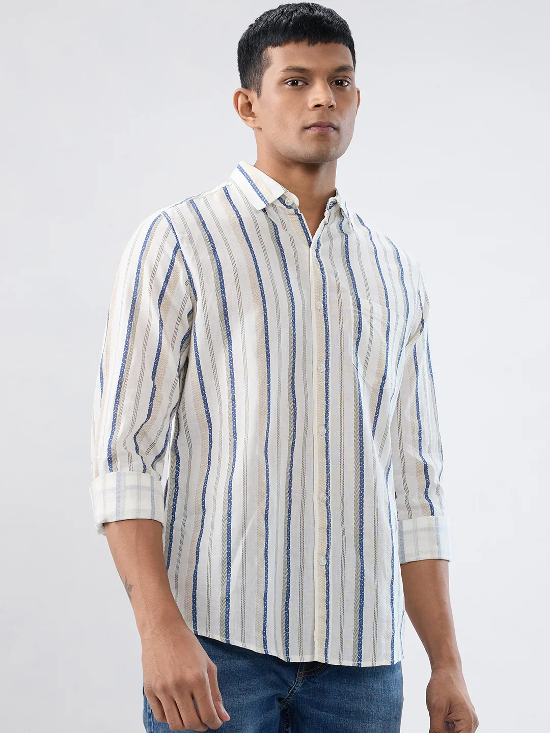 Men Shirt Stripe Off White Regular Fit - Image 3