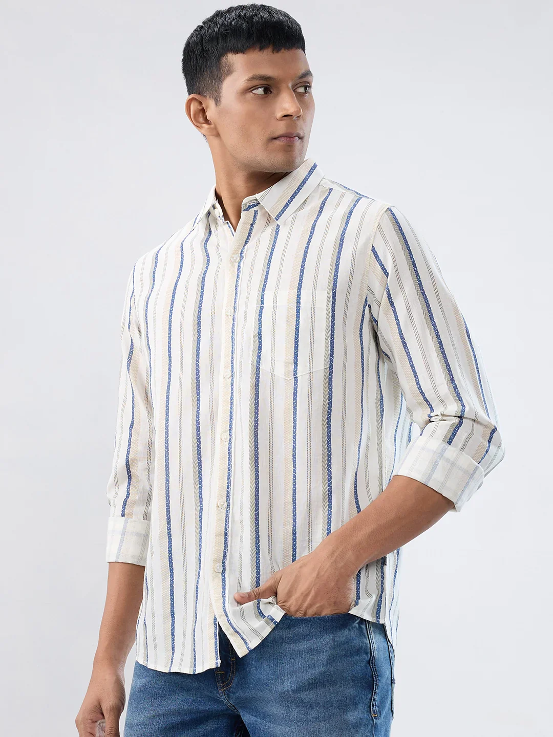 Men Shirt Stripe Off White Regular Fit - Image 5
