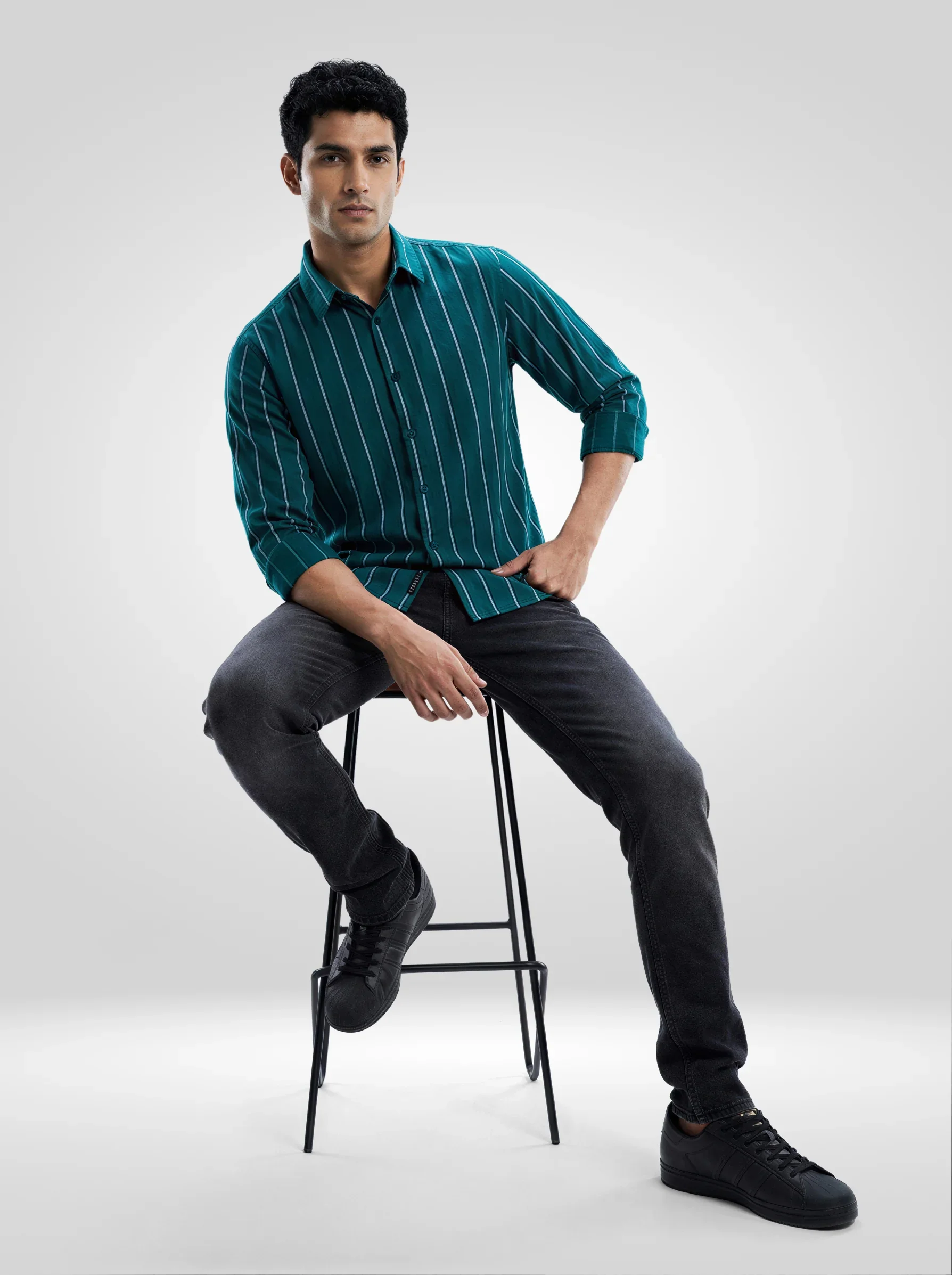 Men Shirt Stripe Green Regular Fit - Image 2