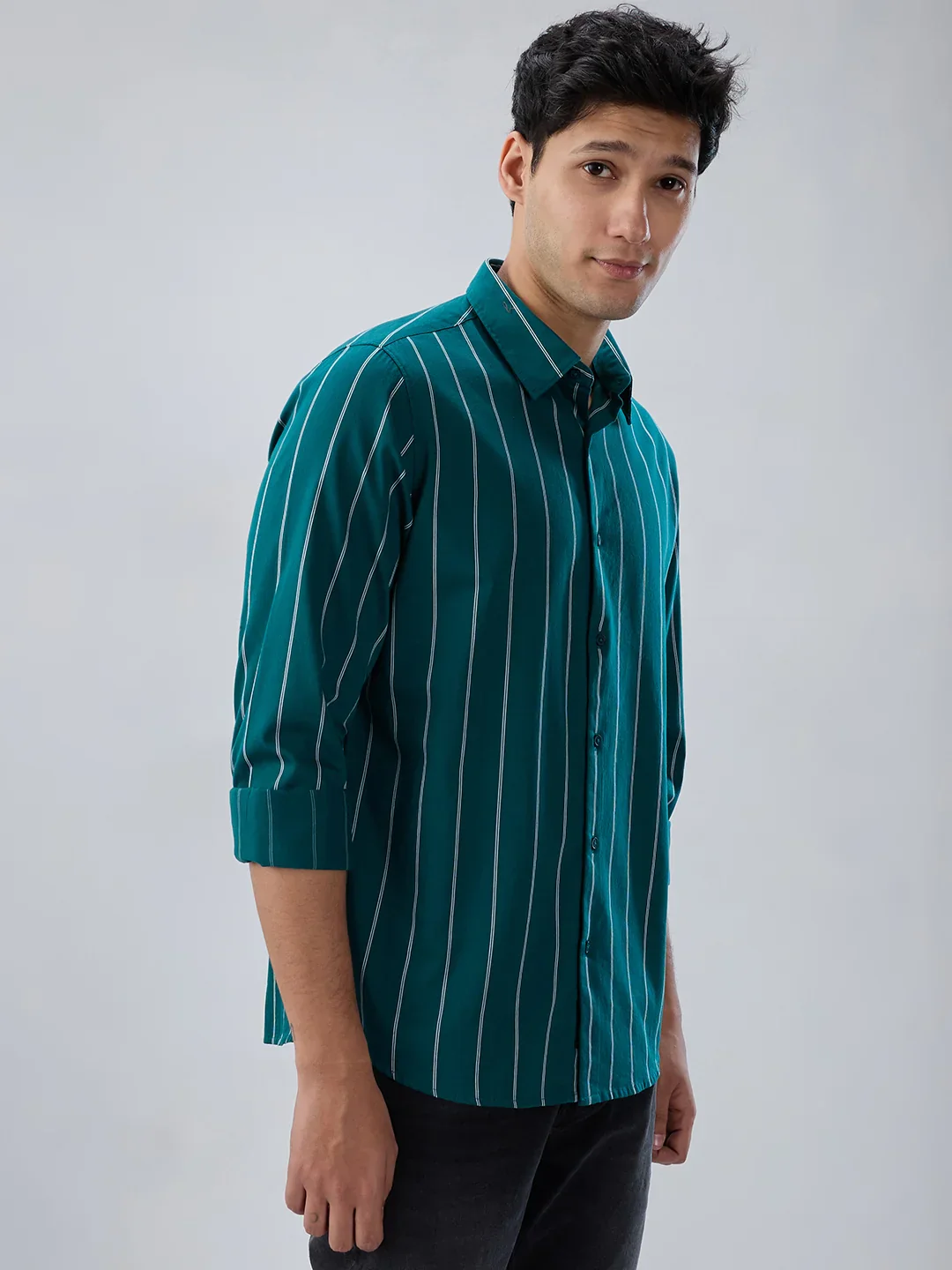 Men Shirt Stripe Green Regular Fit - Image 3