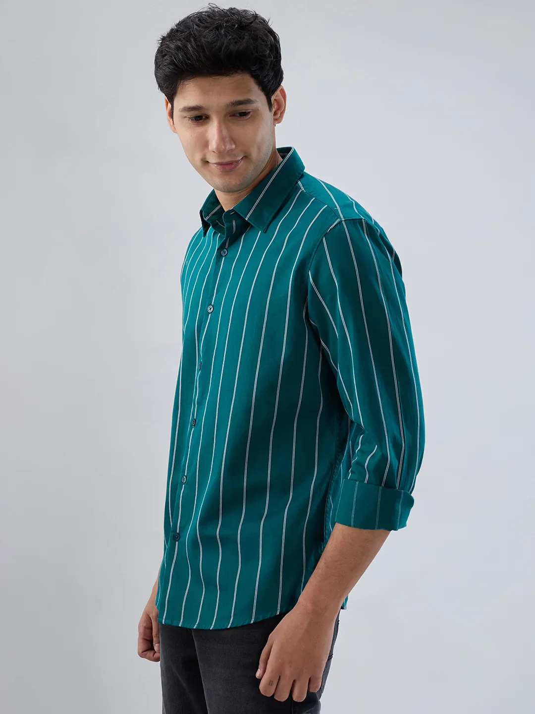 Men Shirt Stripe Green Regular Fit - Image 5