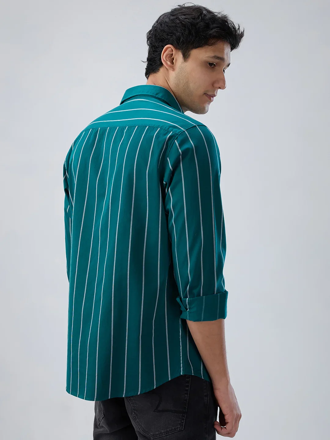 Men Shirt Stripe Green Regular Fit - Image 6