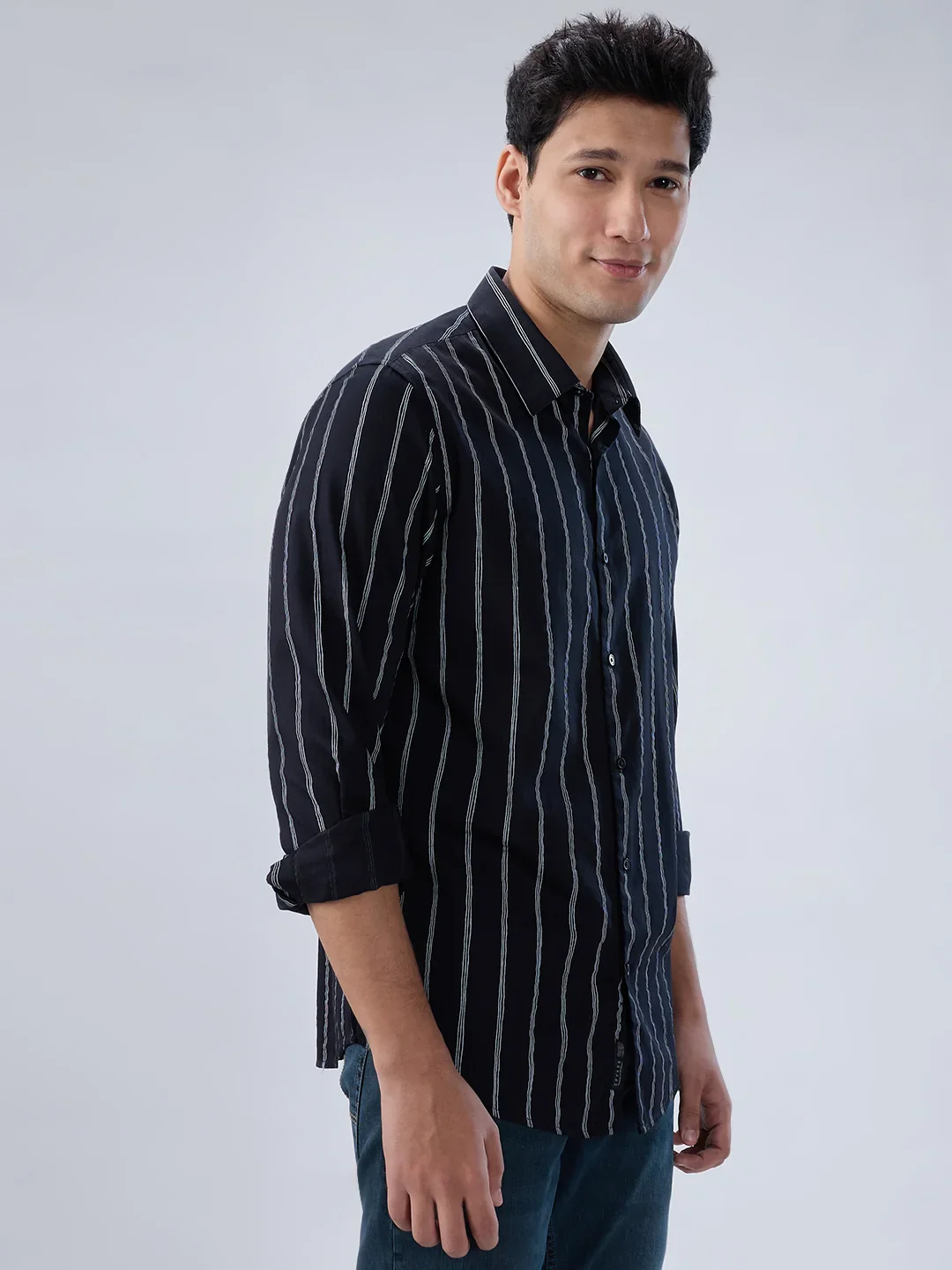 Men Shirt Stripe Black Regular Fit - Image 3