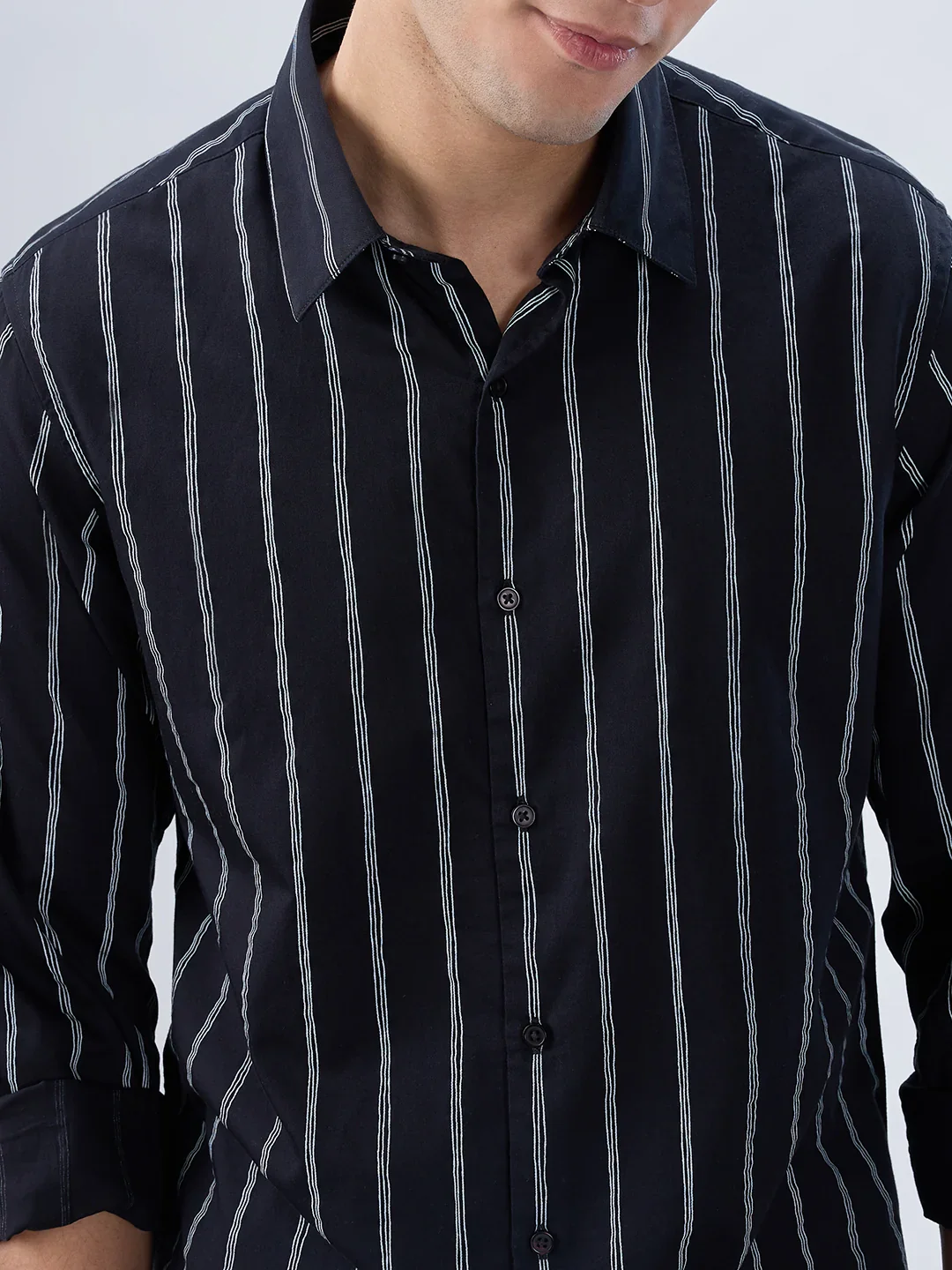 Men Shirt Stripe Black Regular Fit - Image 4