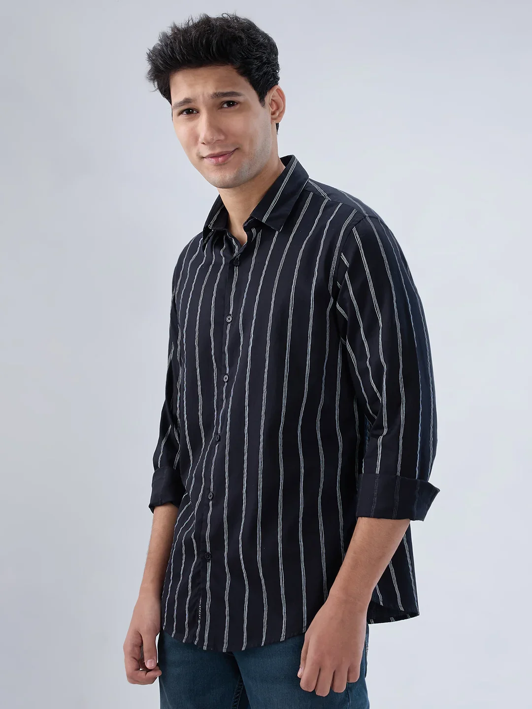 Men Shirt Stripe Black Regular Fit - Image 5
