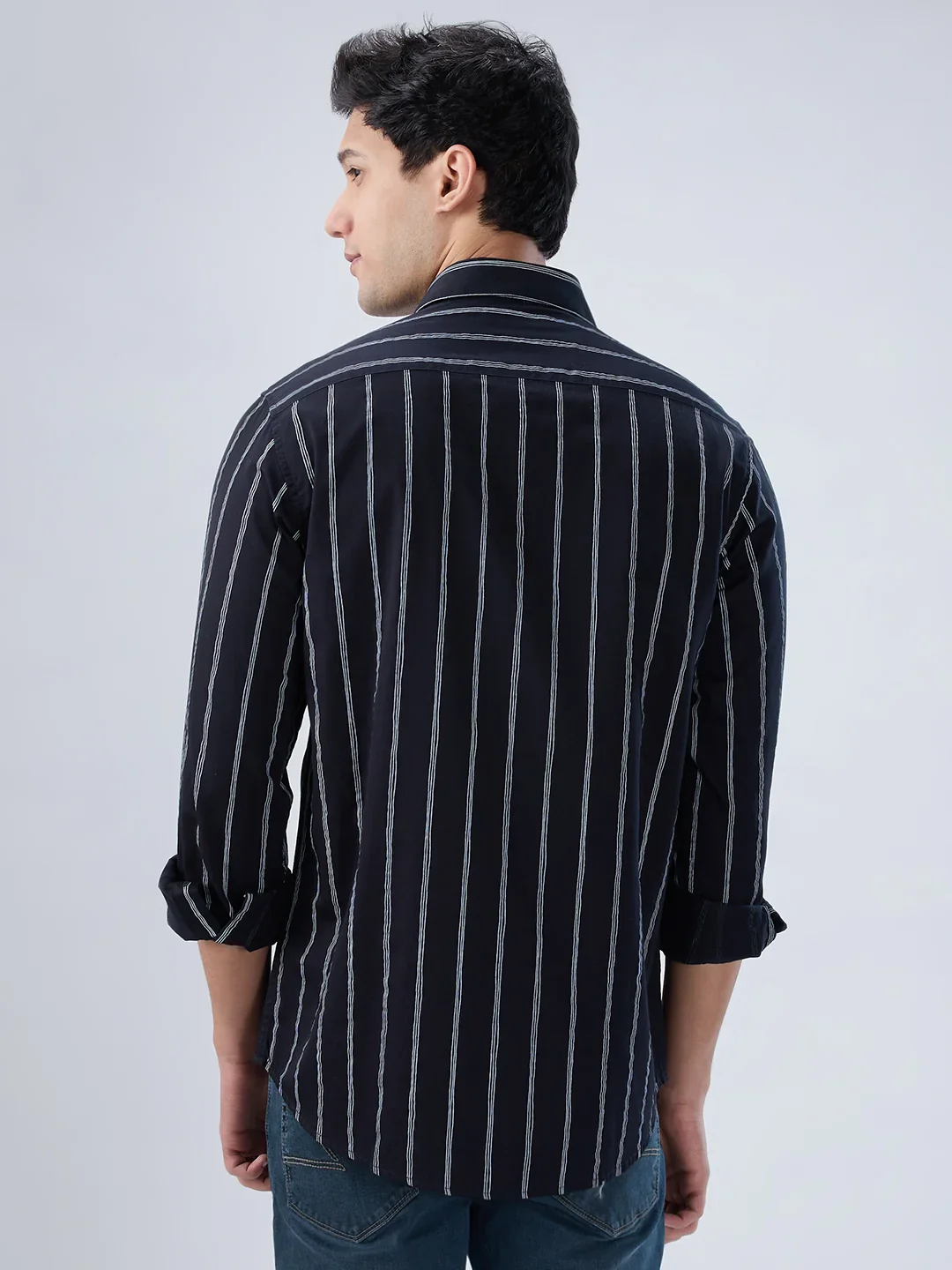 Men Shirt Stripe Black Regular Fit - Image 6