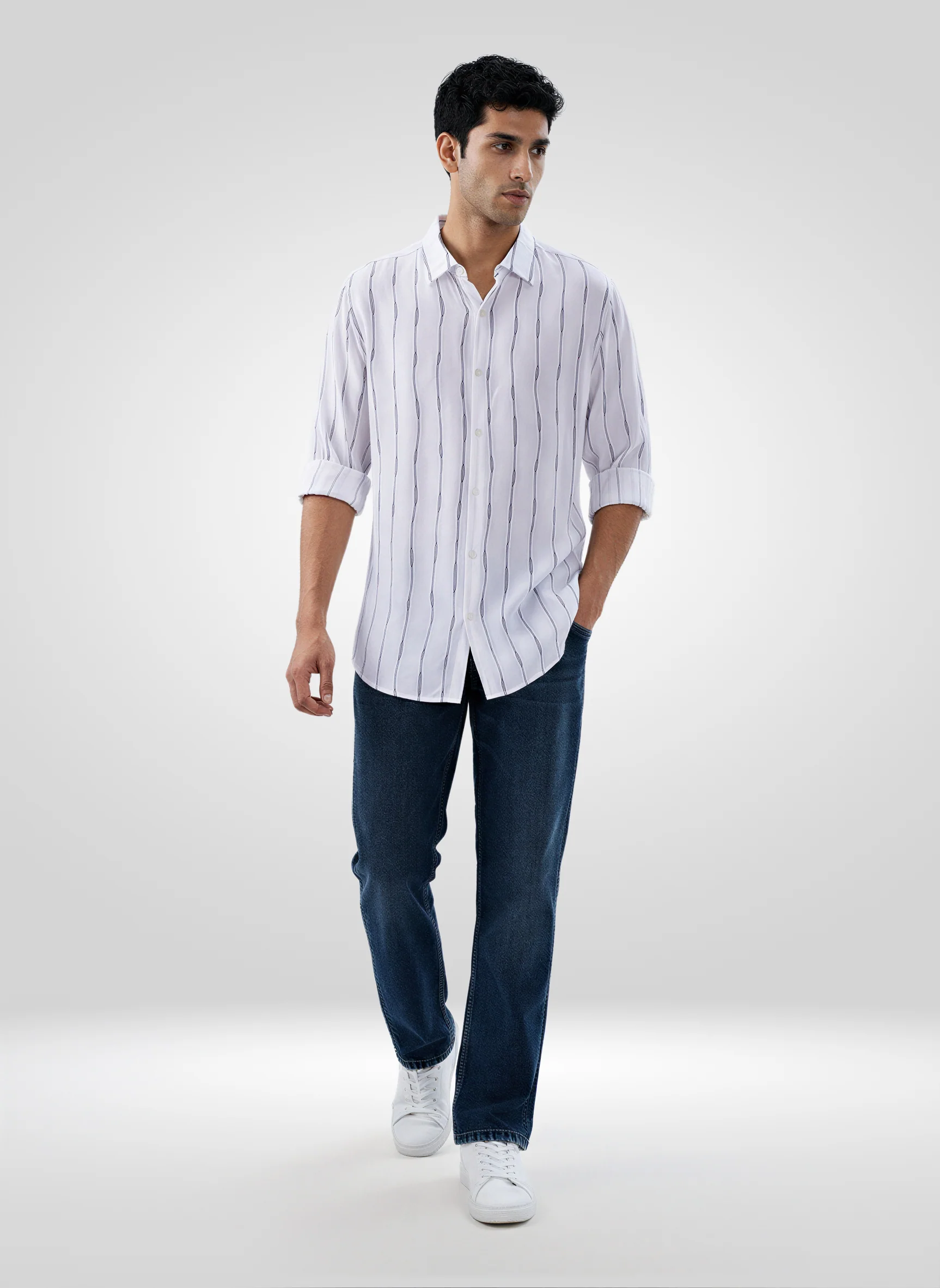 Men Shirt Stripe White Regular Fit - Image 2