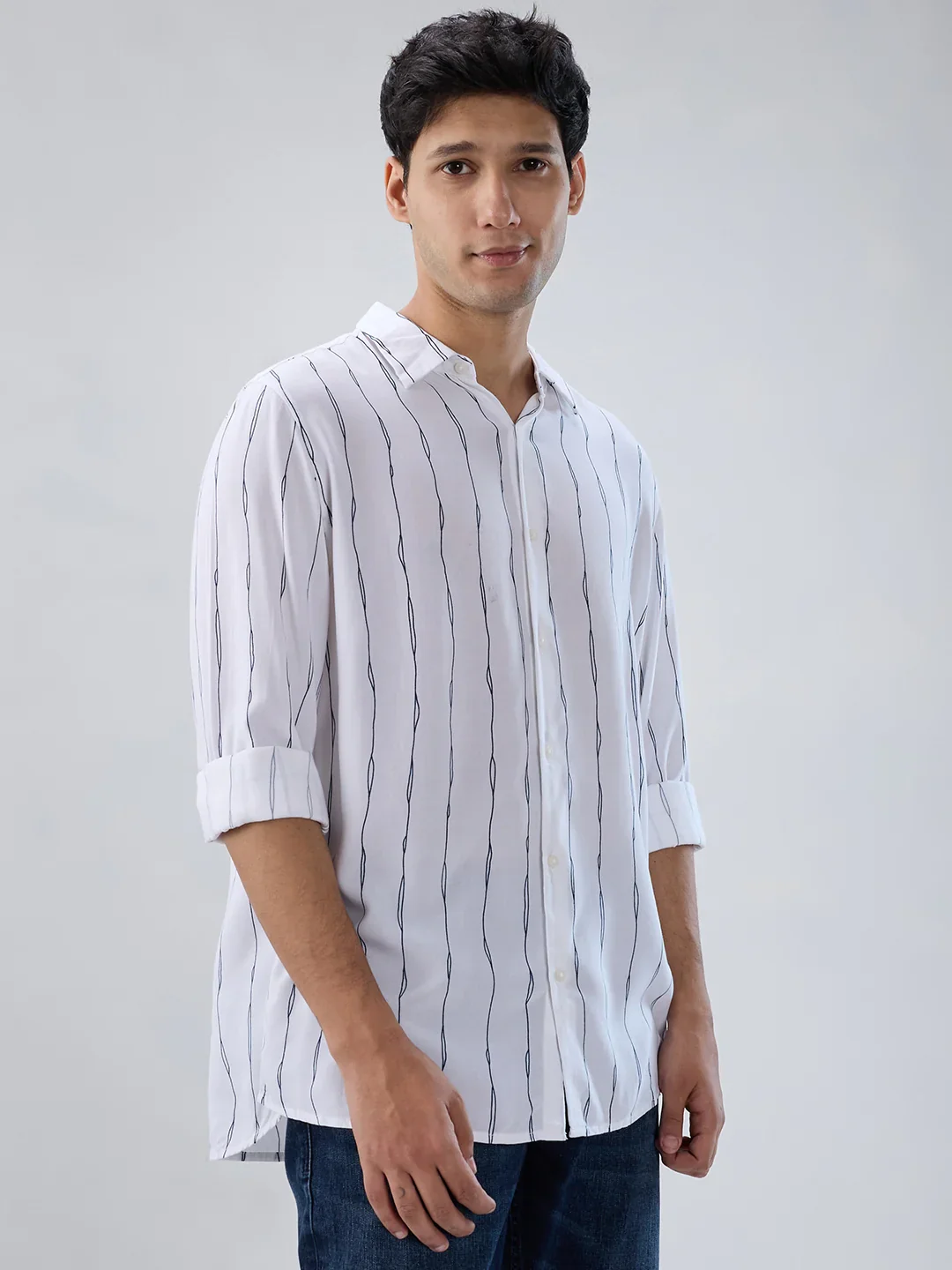 Men Shirt Stripe White Regular Fit - Image 3