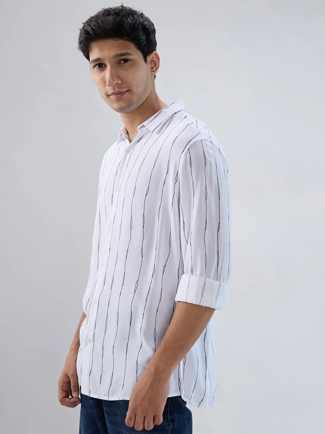 Men Shirt Stripe White Regular Fit - Image 4