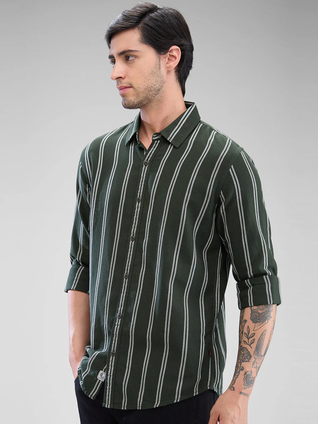 Men Shirt Green Raised Collar - Image 4