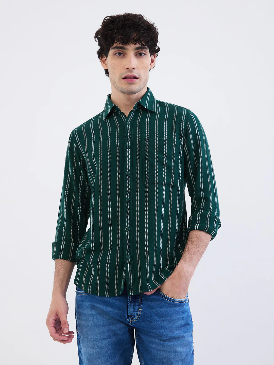 Men Shirt Green Slim Fit - Image 2