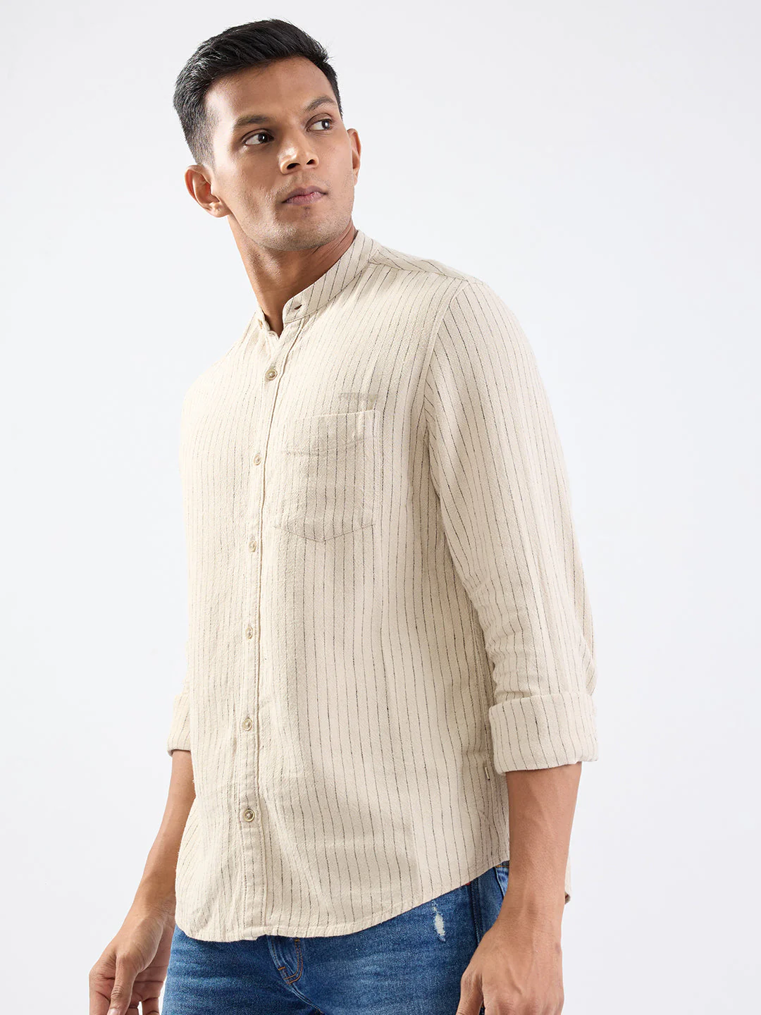 Men Shirt Beige Slim Fit - Image 3