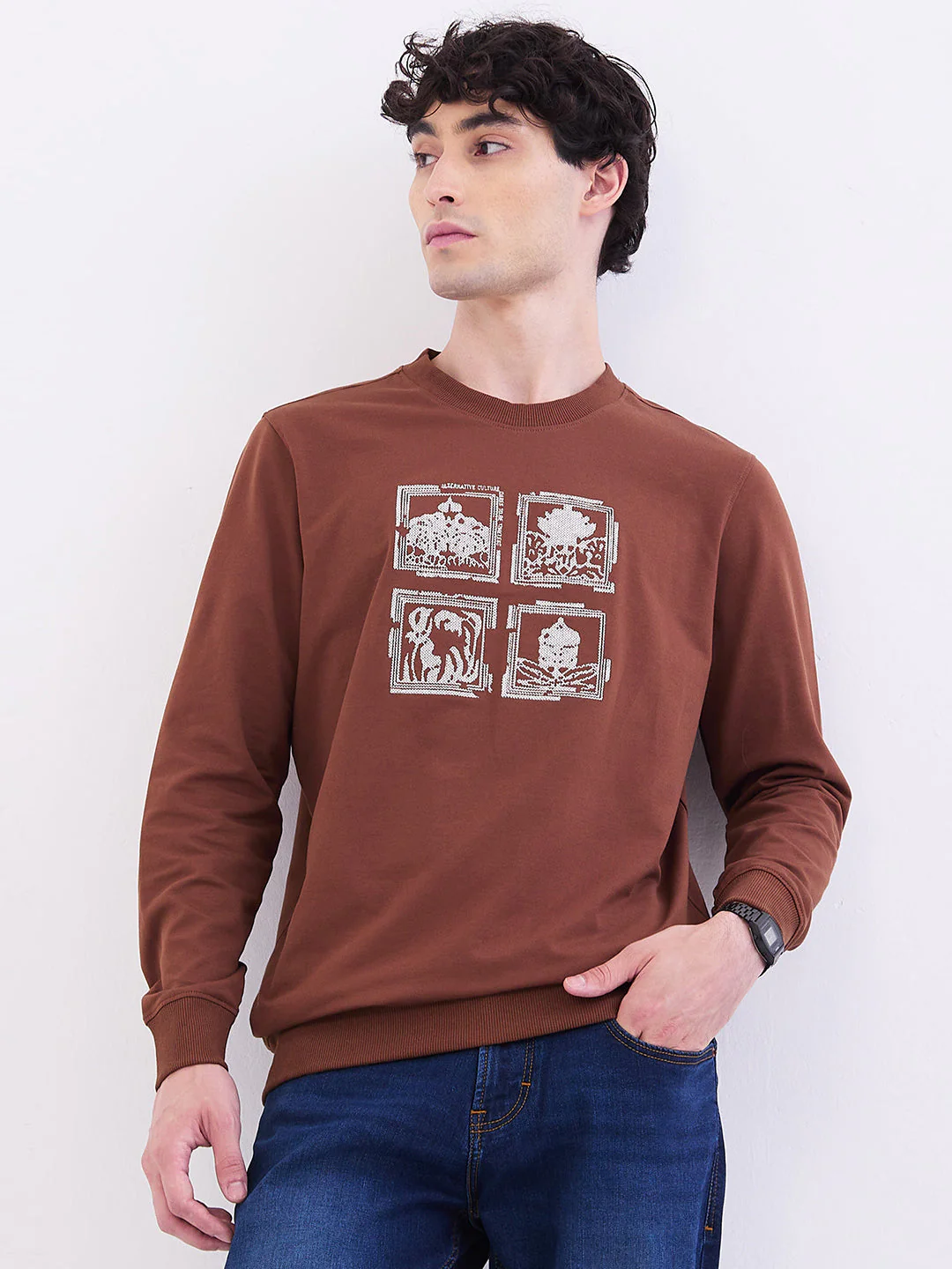 Men Sweatshirt Brown Slim Fit - Image 7