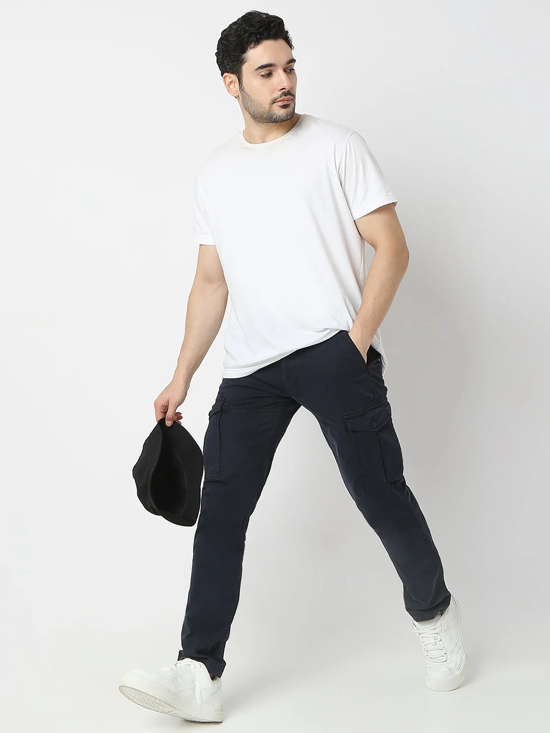 Men Trouser Cargo Fit Navy Blue Mid Rise