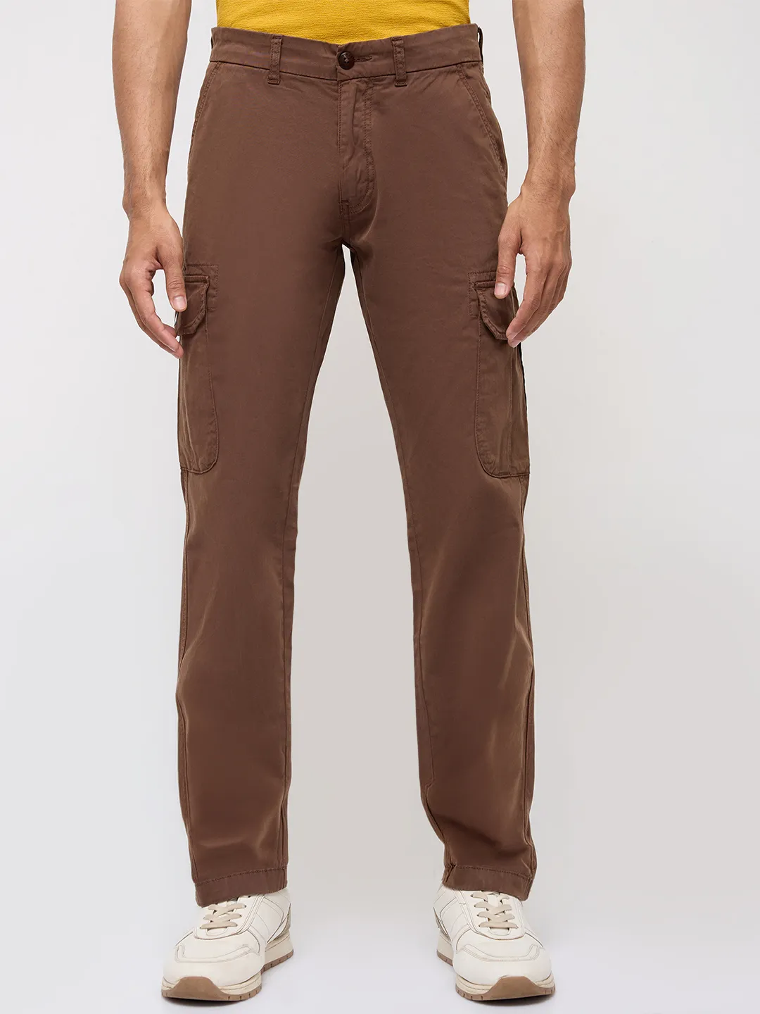 Men Trouser Cargo Fit Brown Mid Rise - Image 2