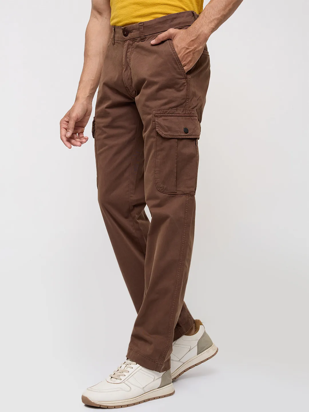 Men Trouser Cargo Fit Brown Mid Rise - Image 4