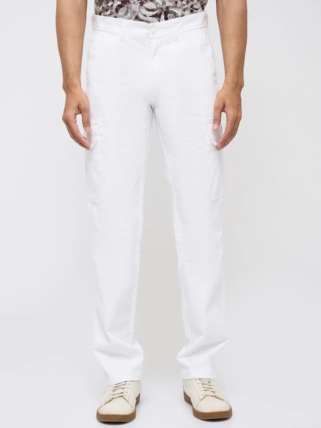 Men Trouser Cargo Fit White Mid Rise - Image 2