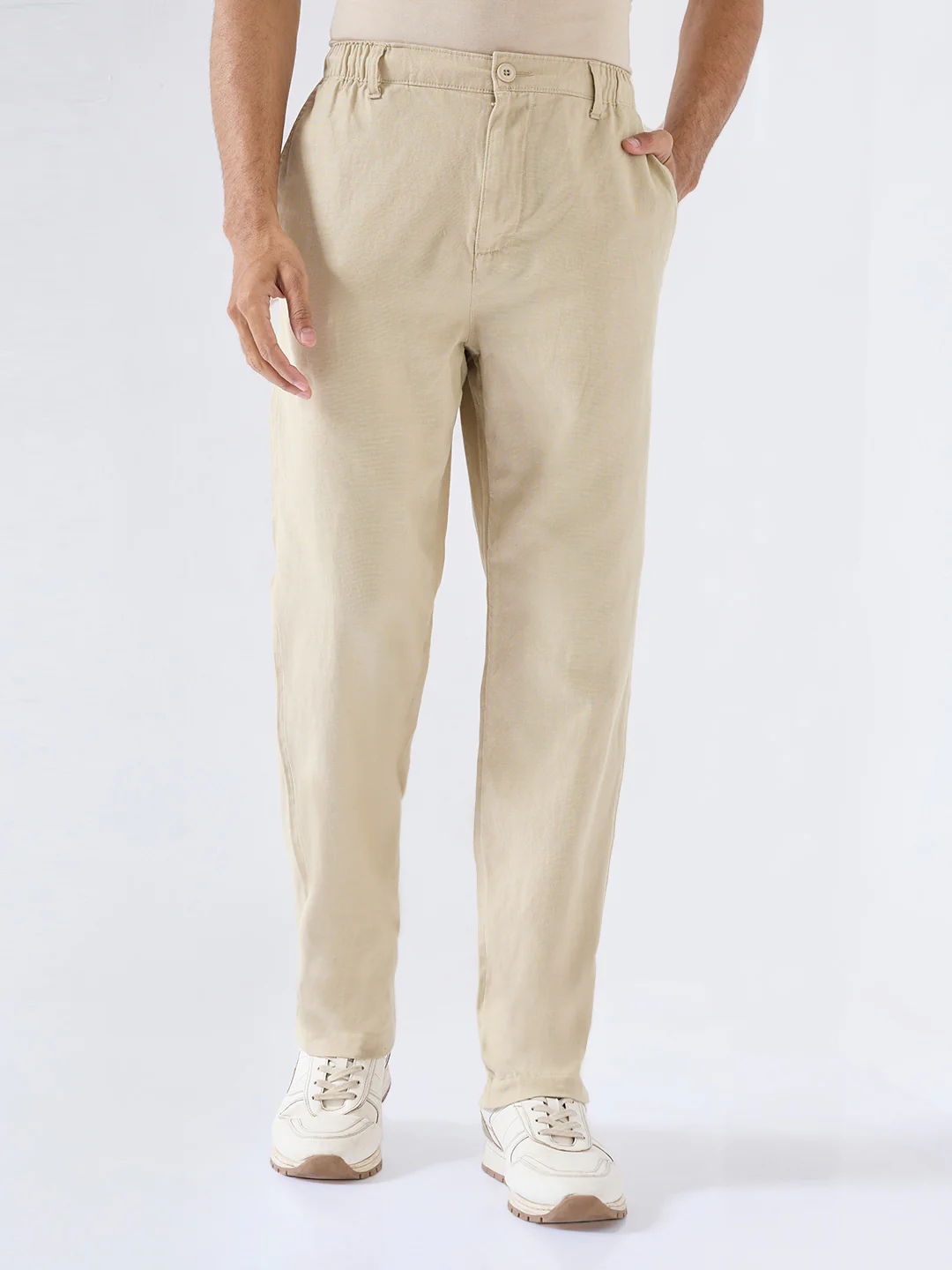 Men Trouser Relaxed Fit Beige Mid Rise - Image 2